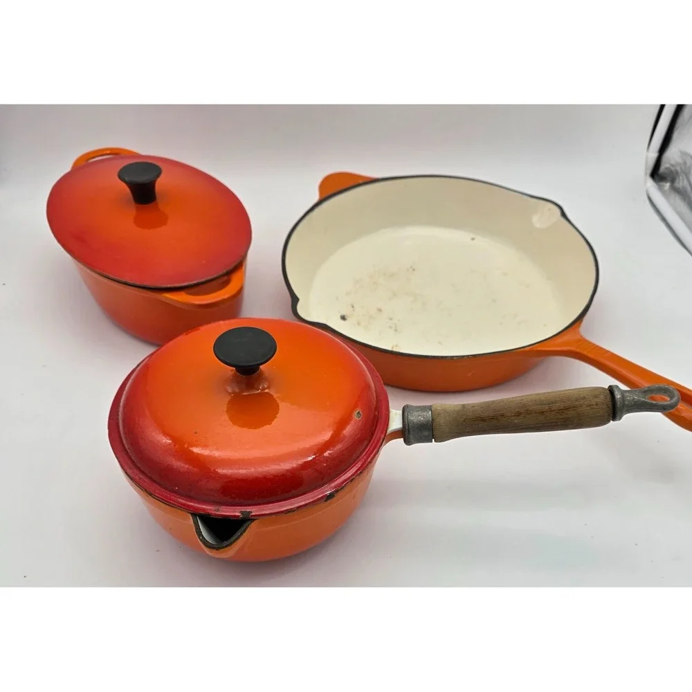 Vintage Unbranded #16 Pan, skillet, Casserole Flame Orange Enamel Cast Iron 70s?